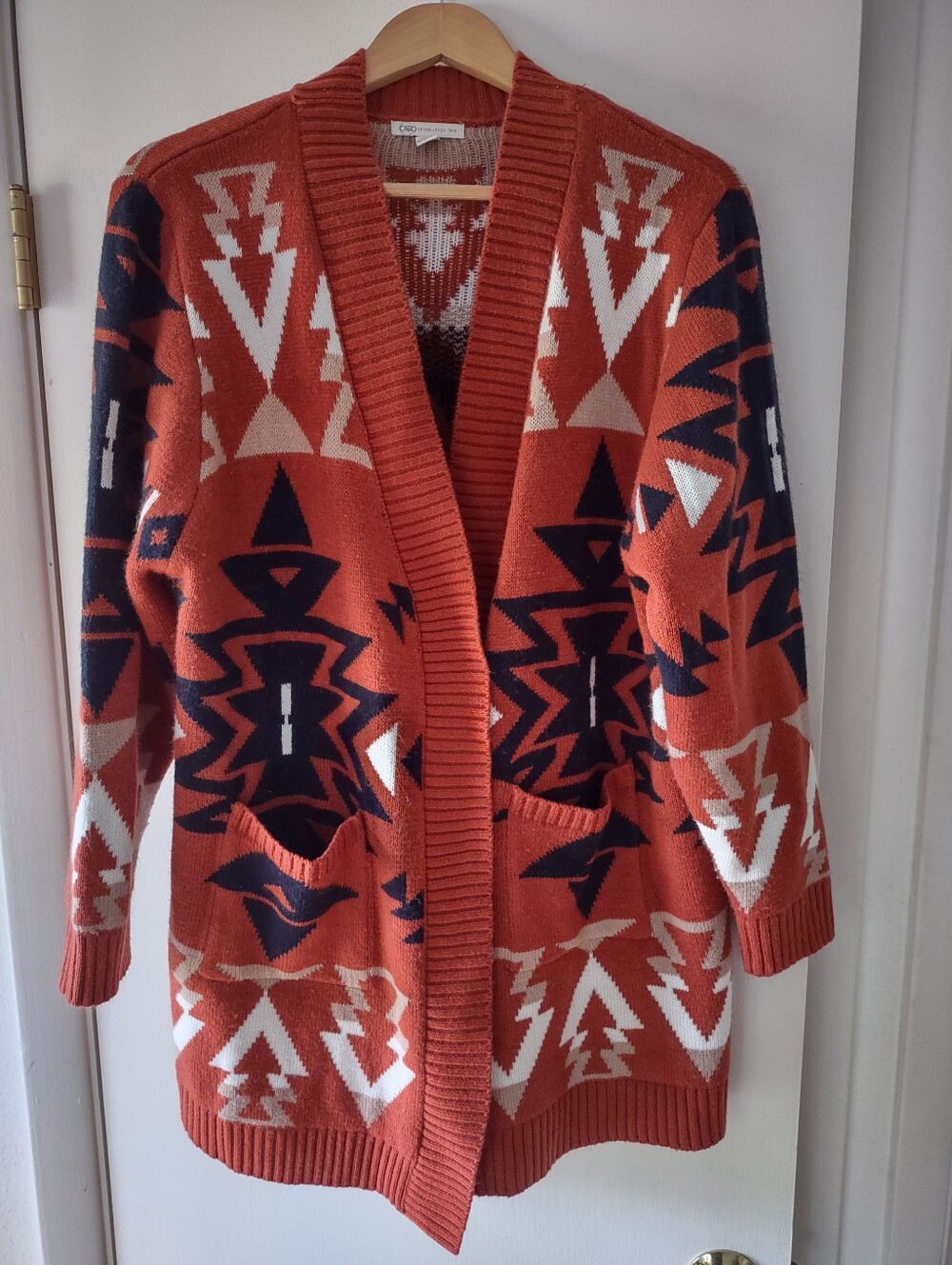 Cato Women's 18/20W Western Print Boho Open Front Cardigan Rust White Black
